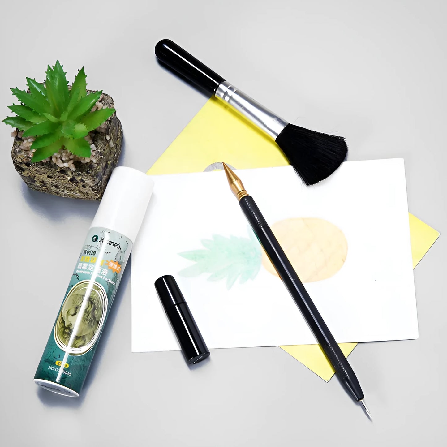Scratch art repair kit with scraper pen, repair solution, brush, small scraper, and bamboo stick components