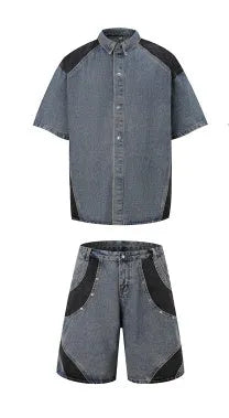 Retro washed denim jeans suit with short sleeves, available in black or blue, sizes M to XXXL, for summer street wear.