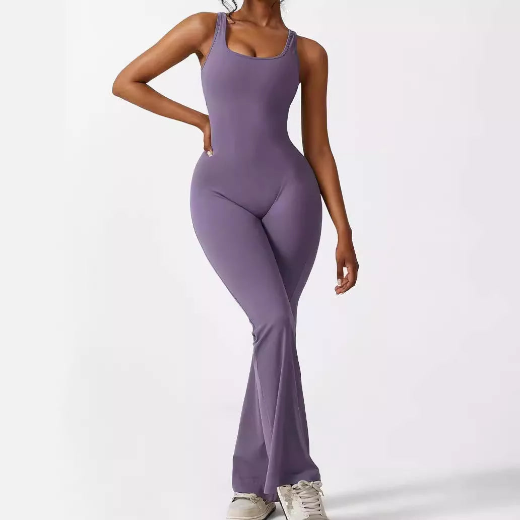 Women's sleeveless flare jumpsuit for yoga and fitness in various colors