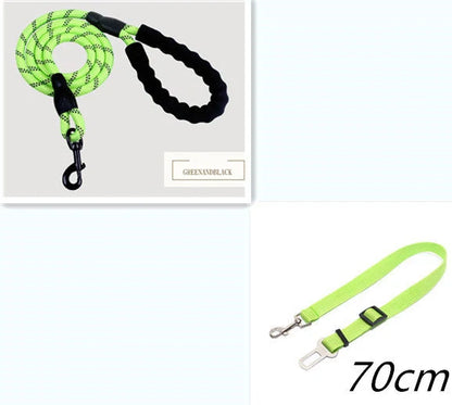Reflective dog leash with foam handle showing 1.5m length and zinc alloy hook