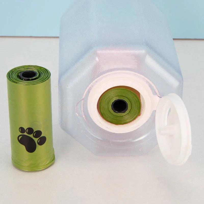 Multifunctional pet water bottle and feeder with poop dispenser in turquoise, pink, and white colors