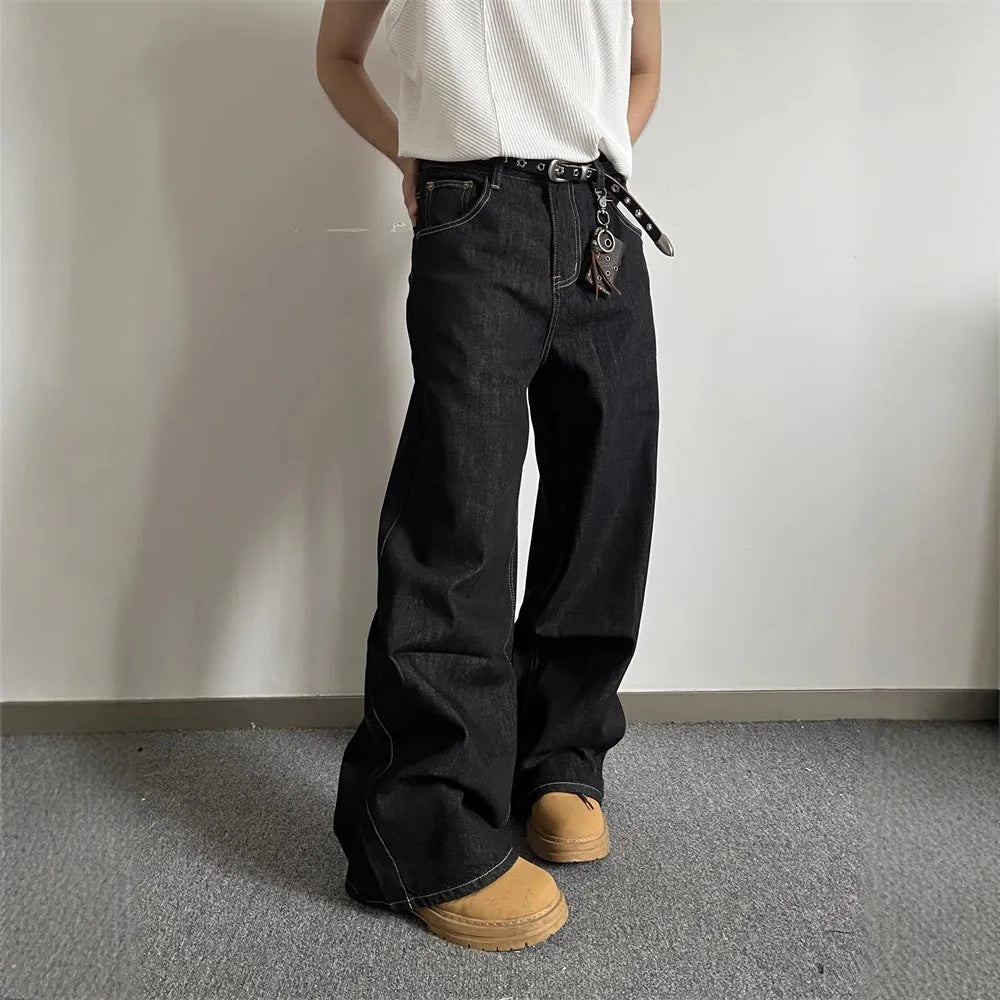Black retro wide-leg jeans with straight leg cut and mid-waist design