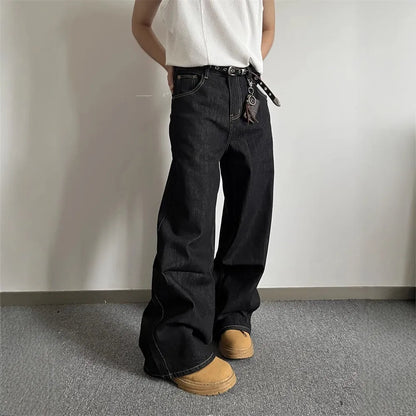 Black retro wide-leg jeans with straight leg cut and mid-waist design