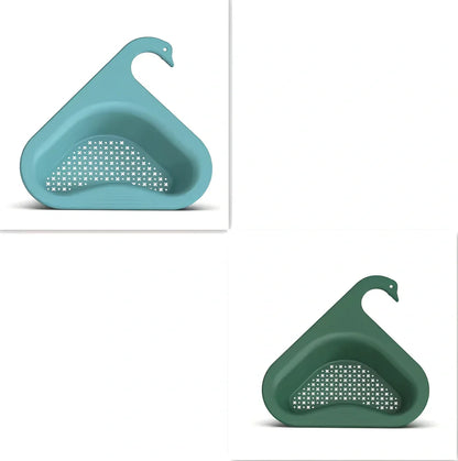 Yellow swan-shaped plastic kitchen drainer basket with drainage holes on kitchen counter