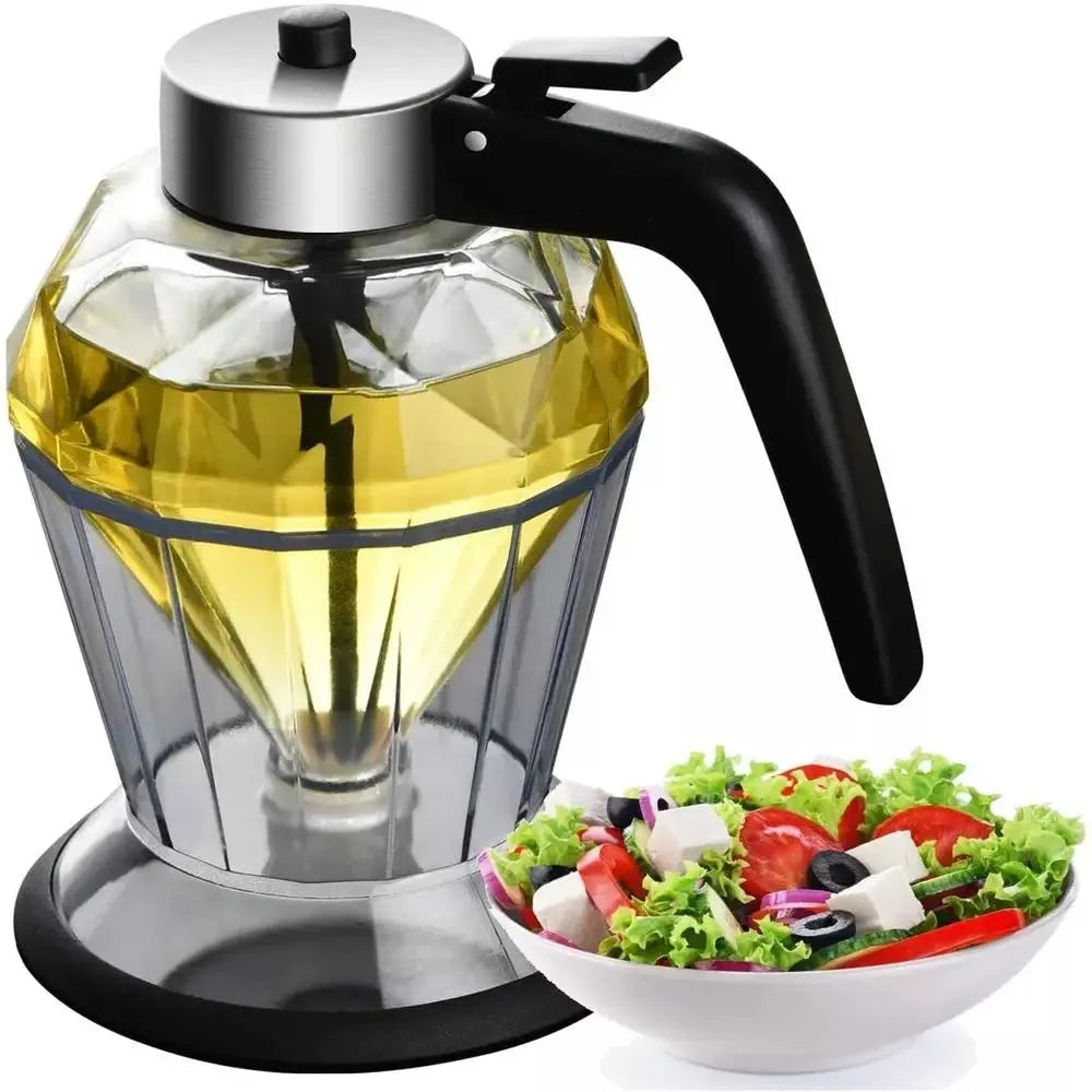 Diamond-shaped glass oil jug with press-type dispenser for drip-free pouring