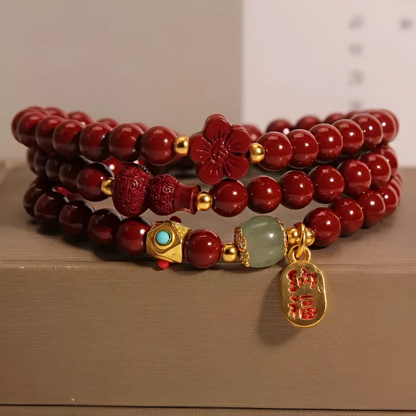 Women's Chinese style cinnabar bracelet with 6mm multi-circle gourd and five petal flower geometric design