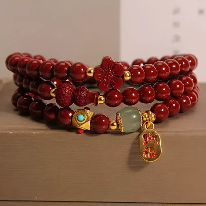 Women's Chinese style cinnabar bracelet with 6mm multi-circle gourd and five petal flower geometric design