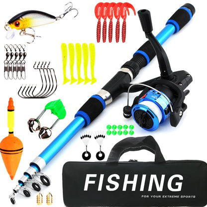 Children's fishing rod set with pole and wheel in four colour options including bait accessory box