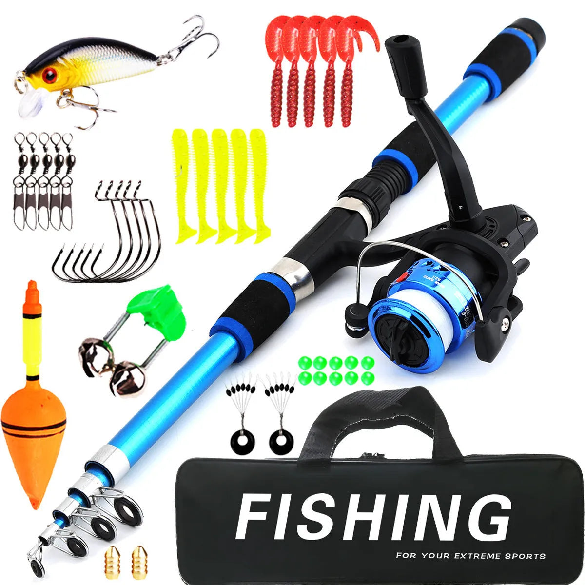 Children's fishing rod and reel set with pole, wheel, and bait accessory box in blue colour