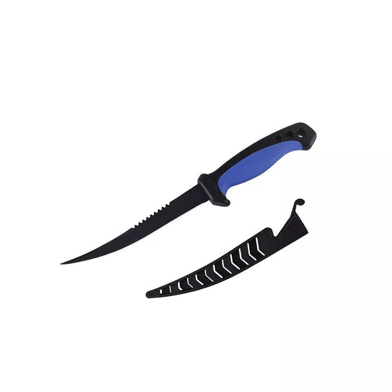 Stainless steel fishing knife with blue handle and protective cover