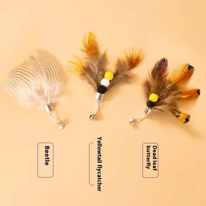 Three steel wire cat toy replacement heads with small flying insect designs in varied colours