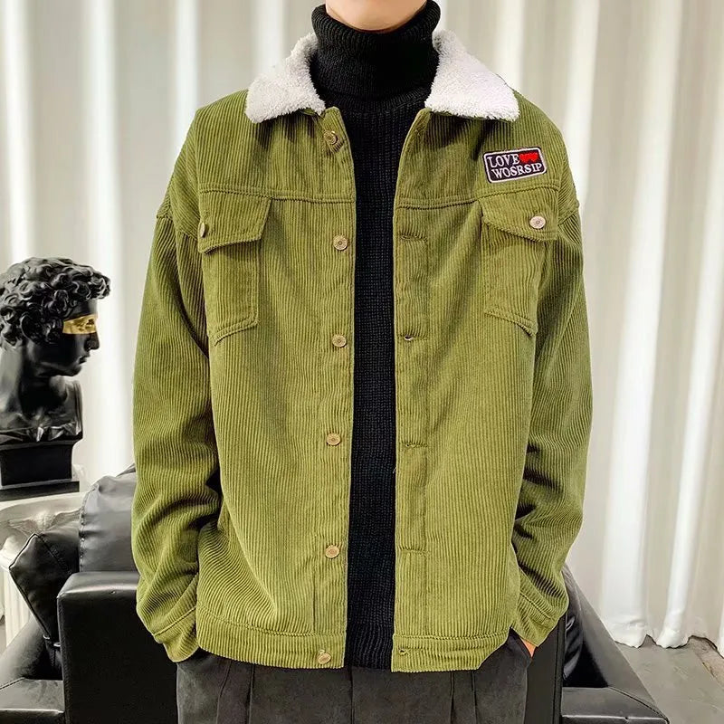 Men's loose fit corduroy work jacket in khaki on a hanger.