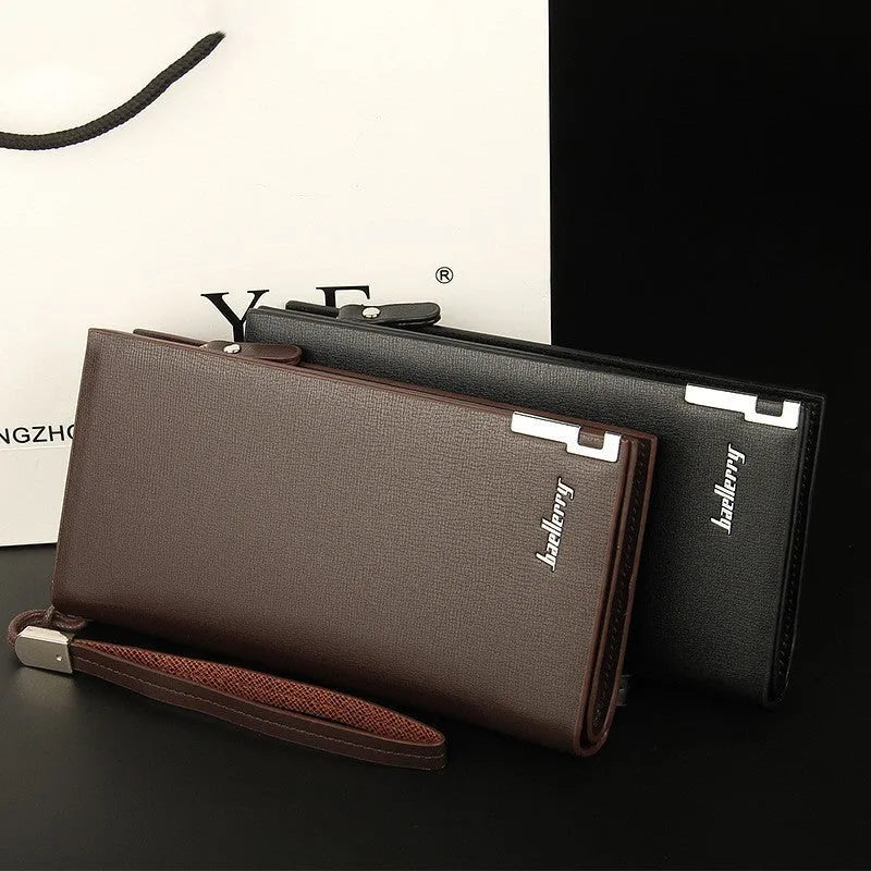 Men's long zip wallet in waterproof PU leather showing black and brown colour variations