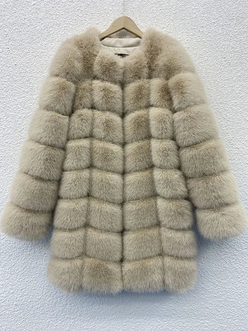 Women's thick warm fur coat in artificial fabric, 80cm length, available in five colours including black and apricot
