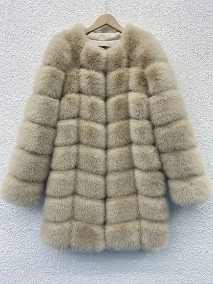 Women's thick warm fur coat in artificial fabric, 80cm length, available in five colours including black and apricot