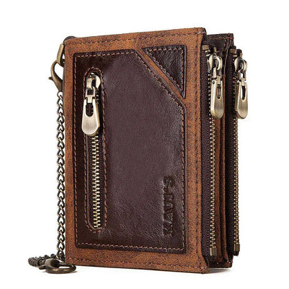 Dark brown men's leather wallet with a metal chain and an embossed letter pattern.