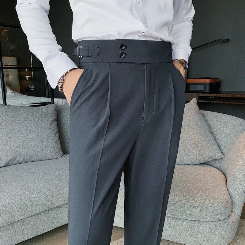 Straight-leg casual trousers in solid khaki colour on a hanger, showing the classic fit.