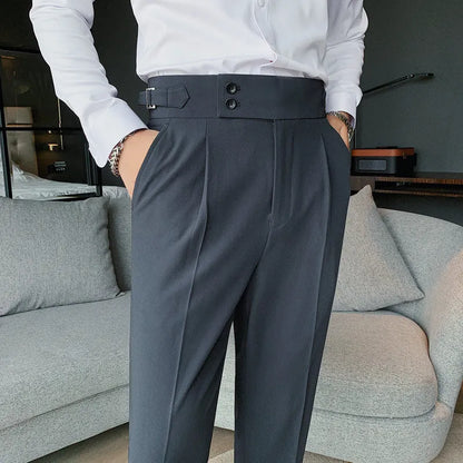 Straight-leg casual trousers in solid khaki colour on a hanger, showing the classic fit.