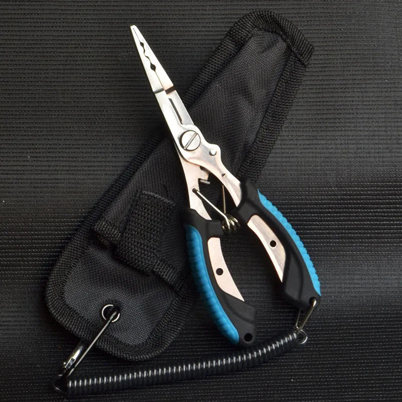 PE39 multifunctional fishing pliers with medium straight mouth and hook, showing colour handle options