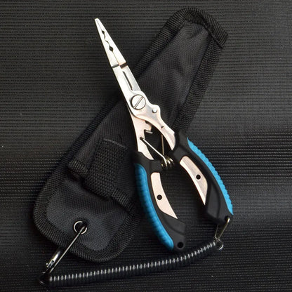 PE39 multifunctional fishing pliers with medium straight mouth and hook, showing colour handle options