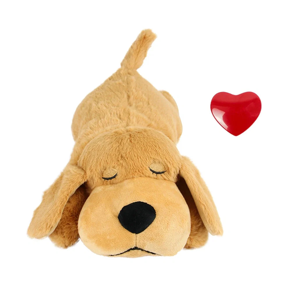 Light brown plush dog toy measuring 37cm long with heartbeat accessory for pet anxiety relief