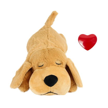 Light brown plush dog toy measuring 37cm long with heartbeat accessory for pet anxiety relief