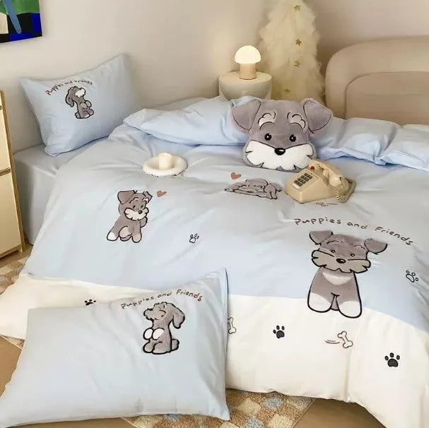 Schnauzer cartoon bedding set of four in thickened cotton with embroidered design, available in multiple sizes including 0.9m to 1.35m bed three-piece, 1.5m bed four-piece, 1.8m bed four-piece, and 2m bed four-piece with matching quilt cores