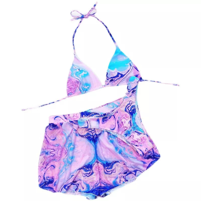 Women's pink triangle bikini swimsuit three-piece set with shorts and T-pants