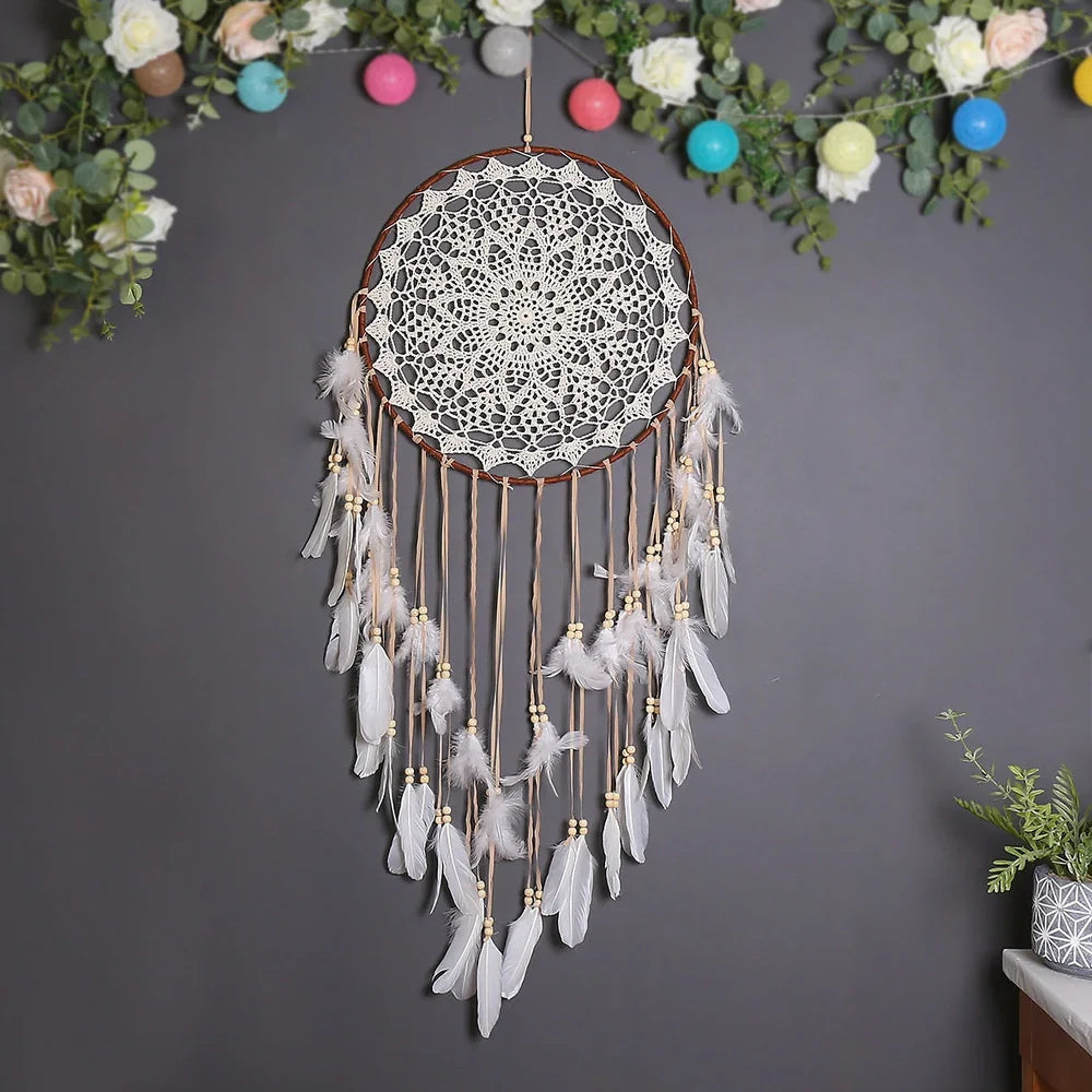 Bohemian dreamcatcher wall hanging with 30 cm iron ring frame and hollow design in MS9141A warm tone