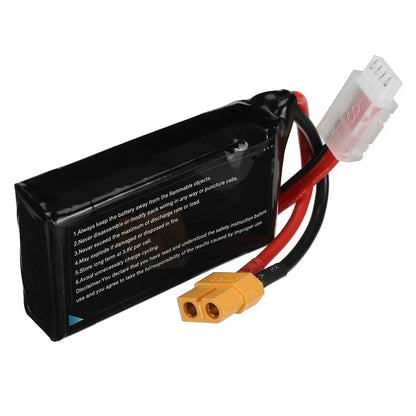 RC model lithium battery showing 7.4V 1200mAh specifications with 15x36x70mm dimensions
