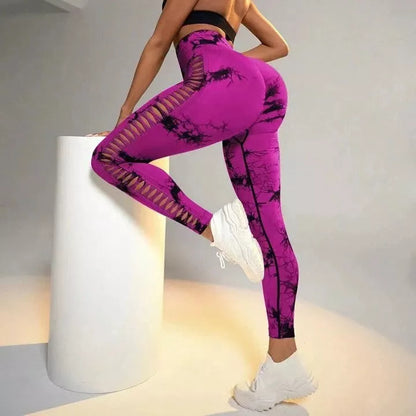 High waist butt lift seamless yoga pants with hollow tie dye print for women