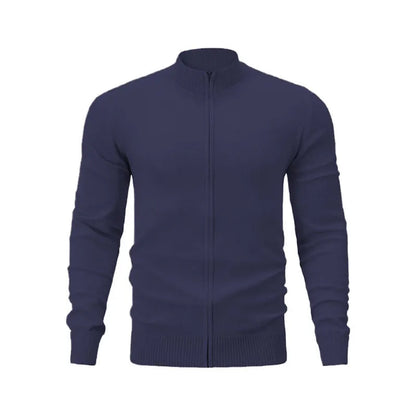 Casual zip-front cotton sweater with a stand collar shown in a solid colour.