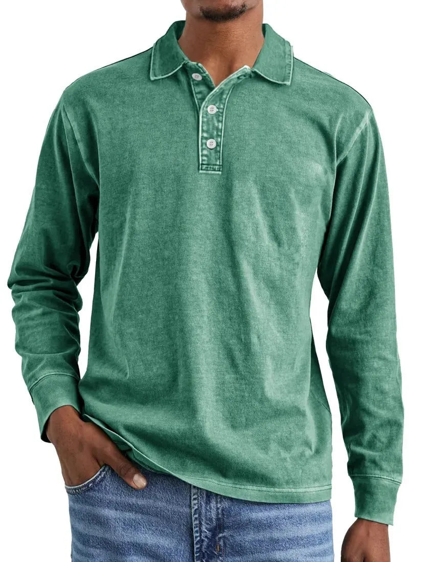 Retro washed distressed cotton lapel long sleeve polo shirt in various colours and sizes