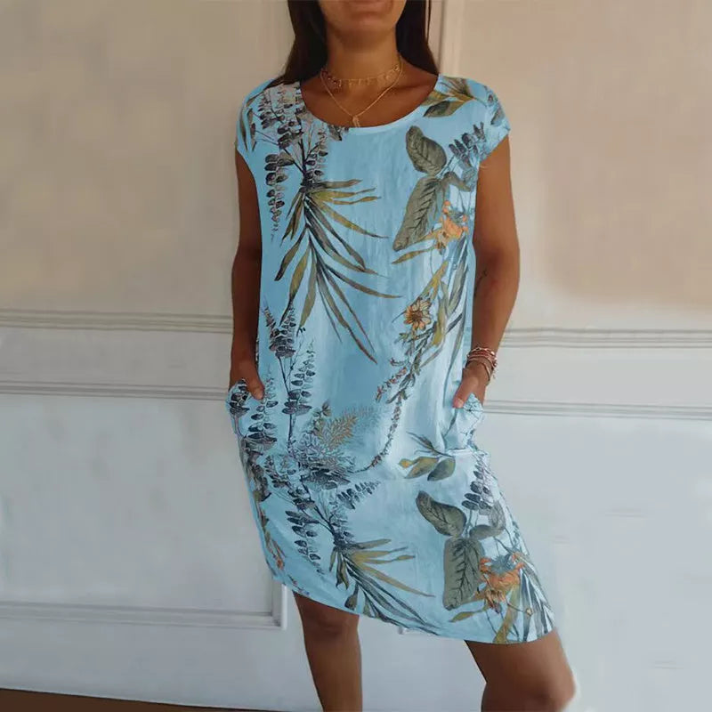 Women's floral print cotton dress with loose fit and short sleeves in various colors
