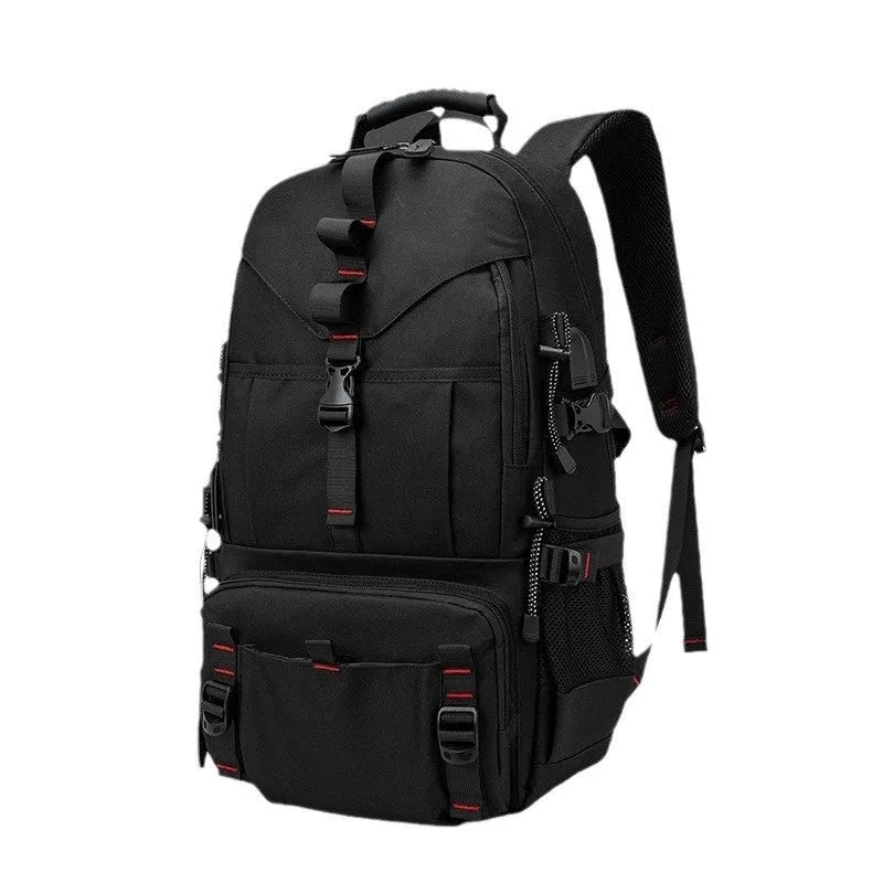 Men's black waterproof Oxford cloth hiking backpack with air pillow shoulder straps showing 56-75L capacity