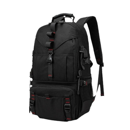 Men's black waterproof Oxford cloth hiking backpack with air pillow shoulder straps showing 56-75L capacity