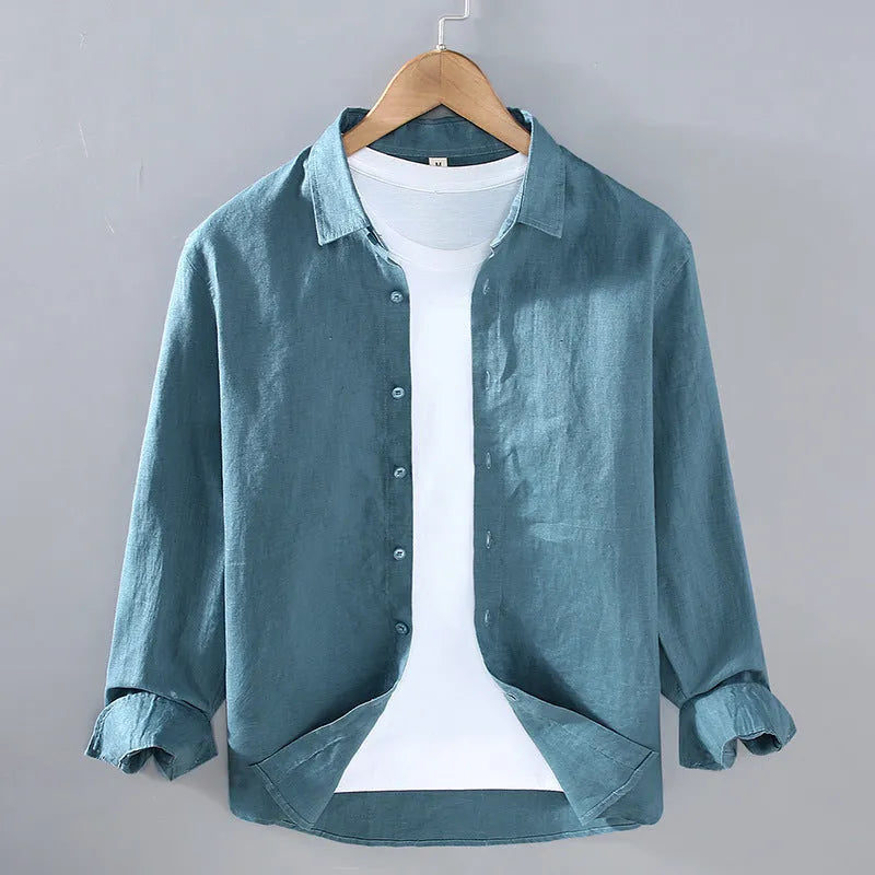 Pure linen men's cardigan shirt in a solid colour with long sleeves.