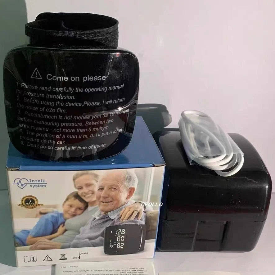 Black wrist blood pressure monitor with USB charging port and multilingual voice guidance options