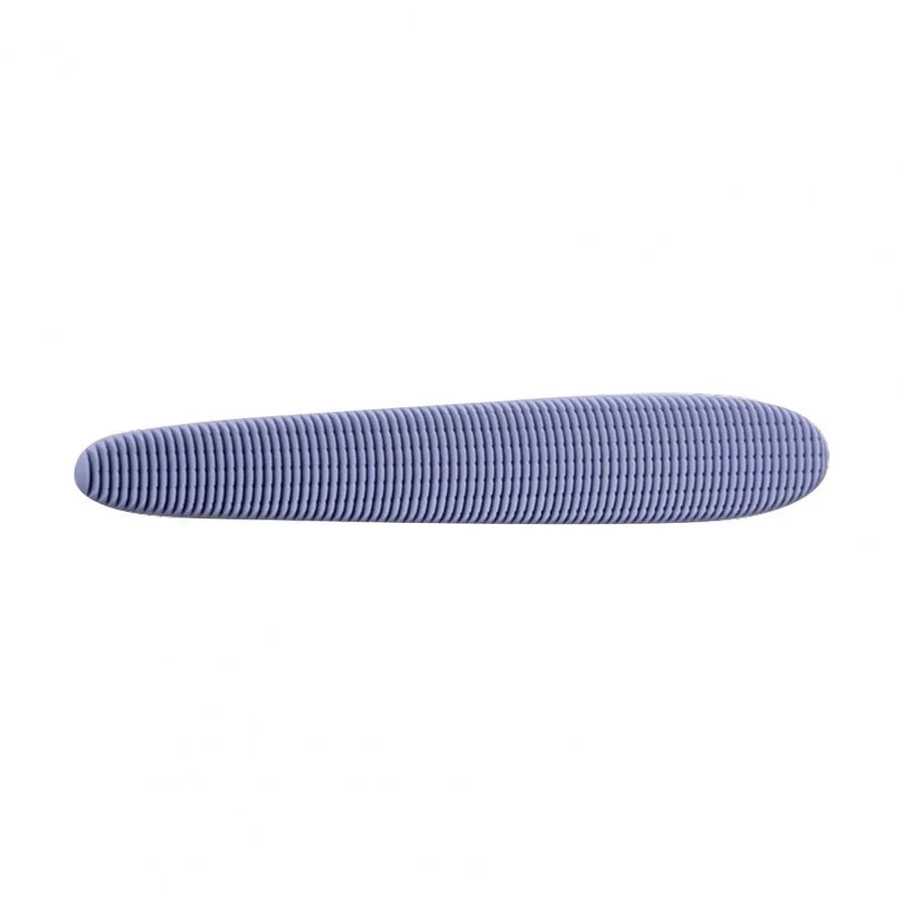Grey and pink cat grooming comb with tongue massage design and dual-ended narrow and wide sections