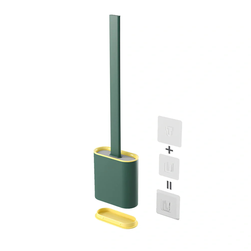 Wall-mounted soft toilet brush with silicone bristles and cover in midnight green colour