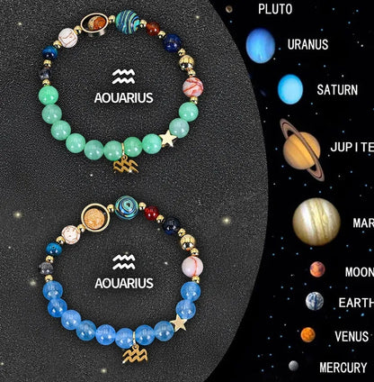Two adjustable zodiac bracelets with natural stone beads and stainless steel charms showing 18-22cm circumference