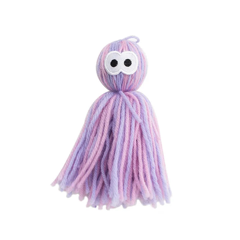 Bite-resistant wool ball cat toy with hanging cord in blue grey colour