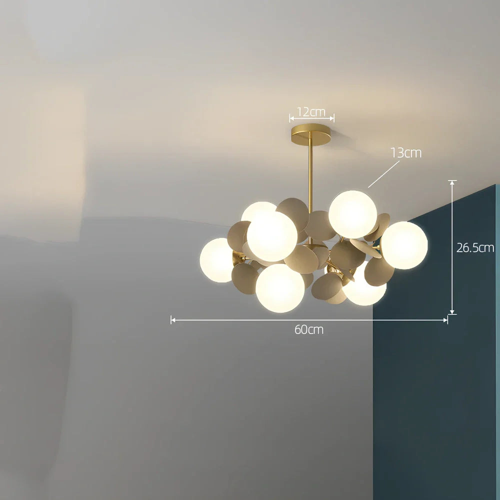 Nordic minimalist chandelier with multiple light heads in metal and glass construction