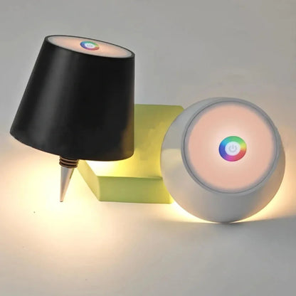 Wireless LED desk lamp with wine bottle design showing detachable components and touch control panel