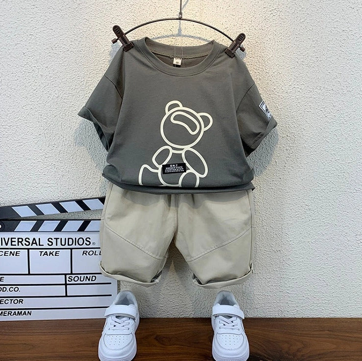 Children's khaki cotton two-piece set with bear print, short sleeves and shorts, Korean-style summer clothing
