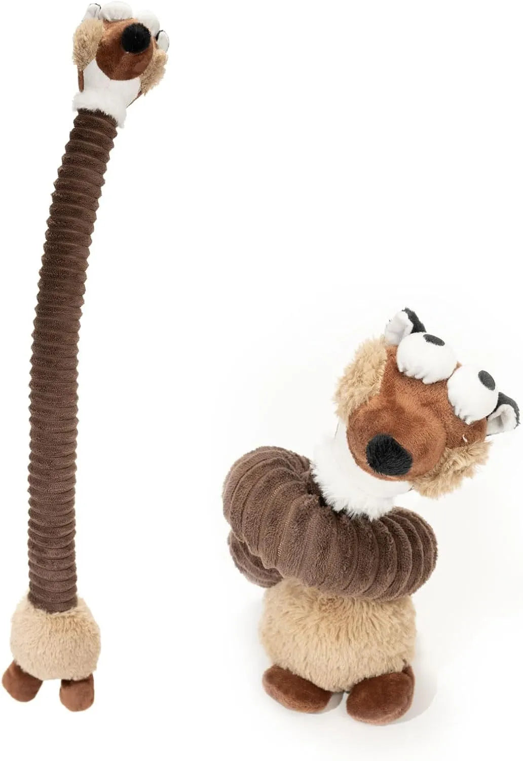 Assorted plush squeaky dog toys with crinkle texture in brown, grey, and yellow colours showing foldable design