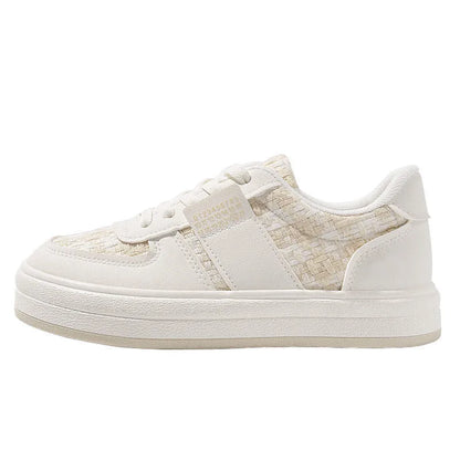 Beige plaid platform leisure sports shoes with lace-up front and rubber sole