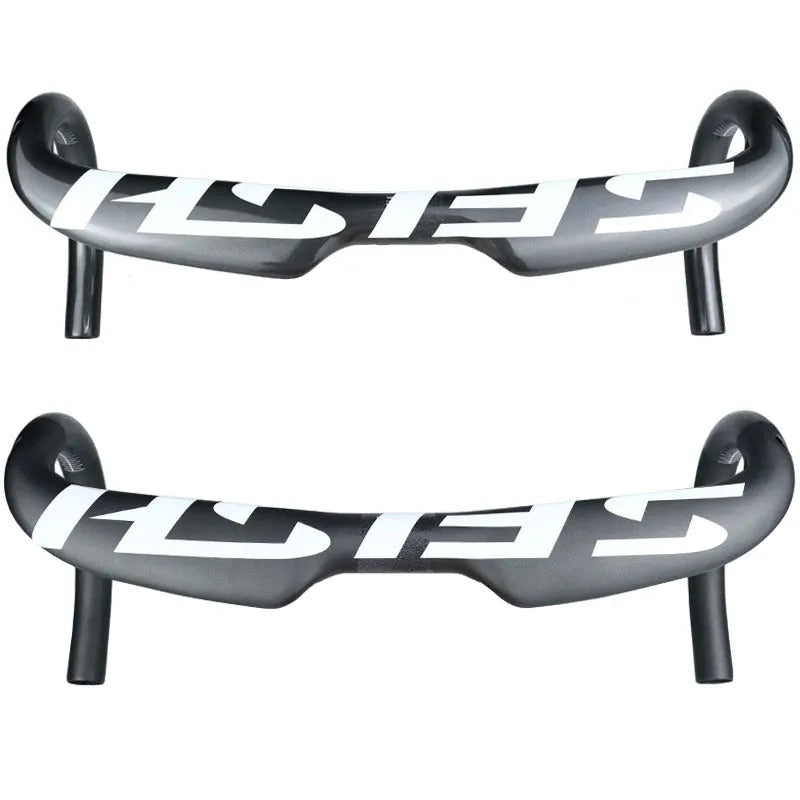 Carbon fibre road bicycle handlebar with ergonomic bent shape, shown in a choice of finishes.