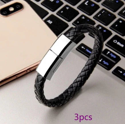 Stylish bracelet charging cable with premium leather and zinc alloy construction, compatible with iPhones, Android, and USB-C devices