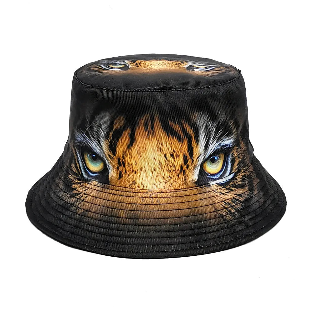 Tiger print bucket hat with dome crown on a neutral background